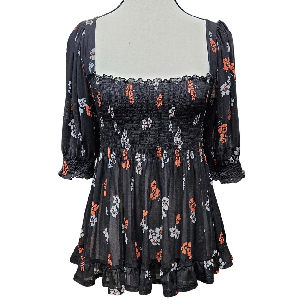 Free People Smocked Floral Babydoll Top Womens S Boho Peplum Puff‎ Sleeve